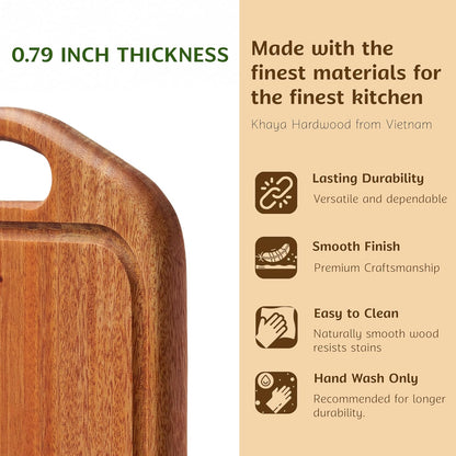 Acacia Wood Cutting Board with Handle, 13x8 Inch Wooden Board for Kitchen, Serving, Charcuterie and Cheese, Juice Groove, Knife Friendly