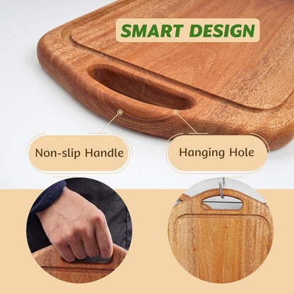 Acacia Wood Cutting Board with Handle, 13x8 Inch Wooden Board for Kitchen, Serving, Charcuterie and Cheese, Juice Groove, Knife Friendly