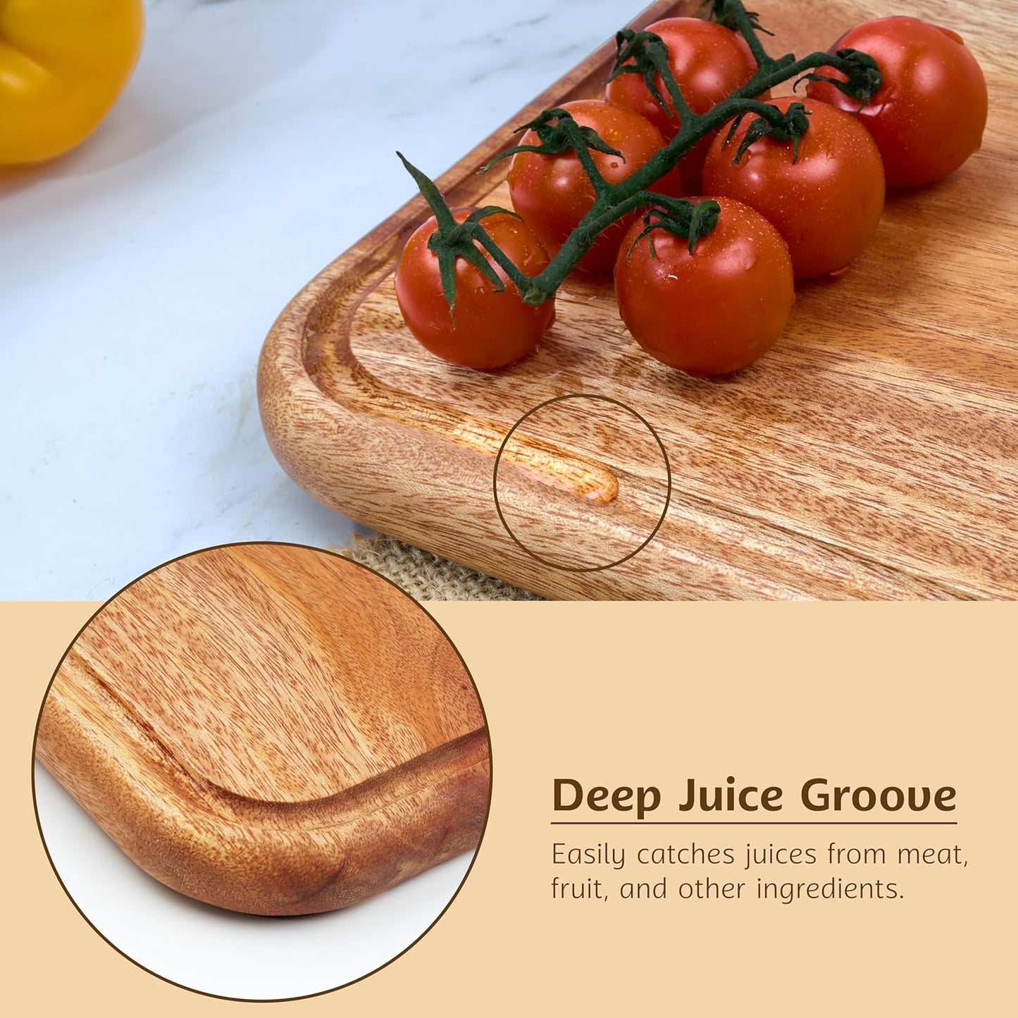 Acacia Wood Cutting Board with Handle, 13x8 Inch Wooden Board for Kitchen, Serving, Charcuterie and Cheese, Juice Groove, Knife Friendly