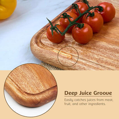 Acacia Wood Cutting Board with Handle, 13x8 Inch Wooden Board for Kitchen, Serving, Charcuterie and Cheese, Juice Groove, Knife Friendly