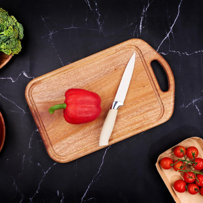 Acacia Wood Cutting Board with Handle, 13x8 Inch Wooden Board for Kitchen, Serving, Charcuterie and Cheese, Juice Groove, Knife Friendly