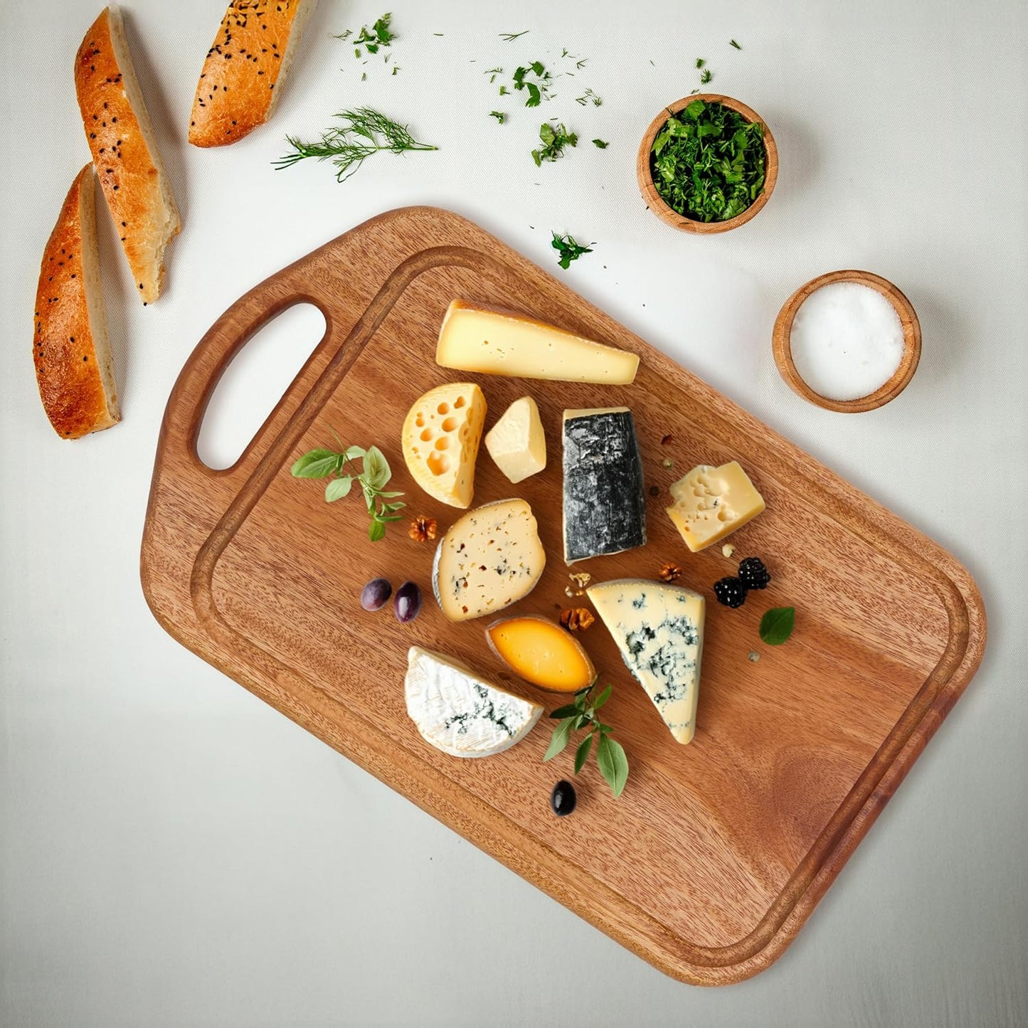 Acacia Wood Cutting Board with Handle, 13x8 Inch Wooden Board for Kitchen, Serving, Charcuterie and Cheese, Juice Groove, Knife Friendly
