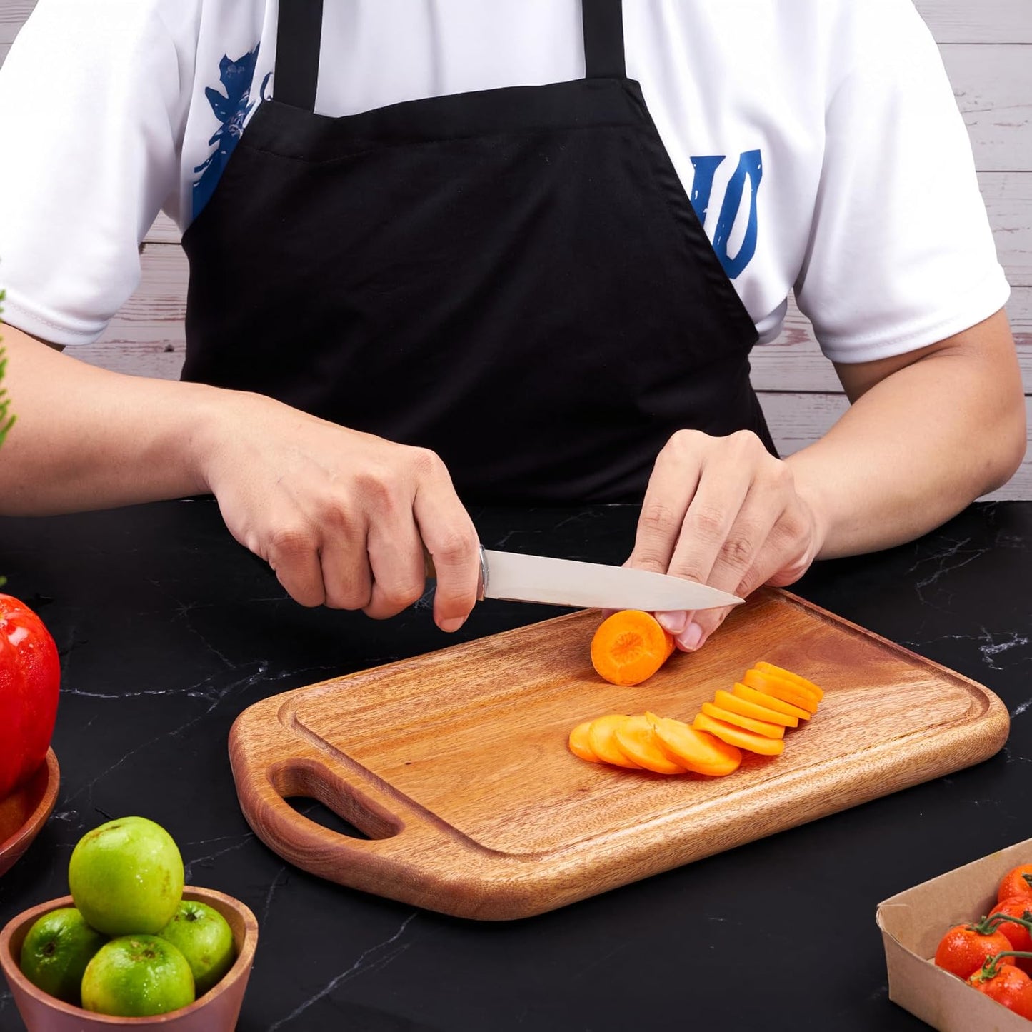 Acacia Wood Cutting Board with Handle, 13x8 Inch Wooden Board for Kitchen, Serving, Charcuterie and Cheese, Juice Groove, Knife Friendly