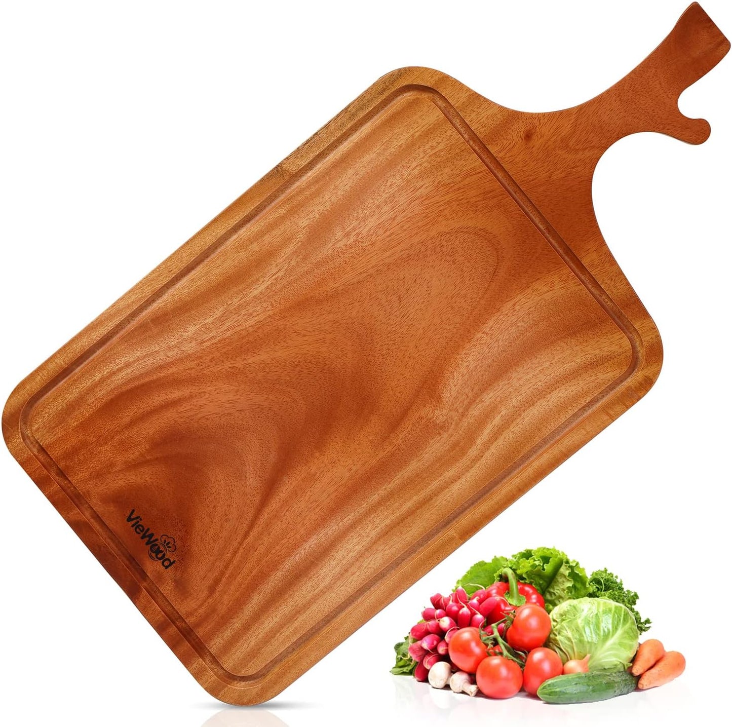 Acacia Wood Cutting Board with Handle, 13x8 Inch Wooden Board for Kitchen, Serving, Charcuterie and Cheese, Juice Groove, Knife Friendly