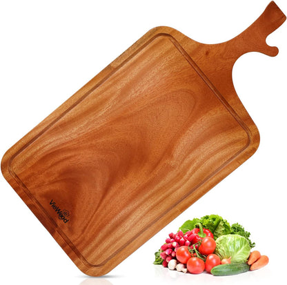 Acacia Wood Cutting Board with Handle, 13x8 Inch Wooden Board for Kitchen, Serving, Charcuterie and Cheese, Juice Groove, Knife Friendly