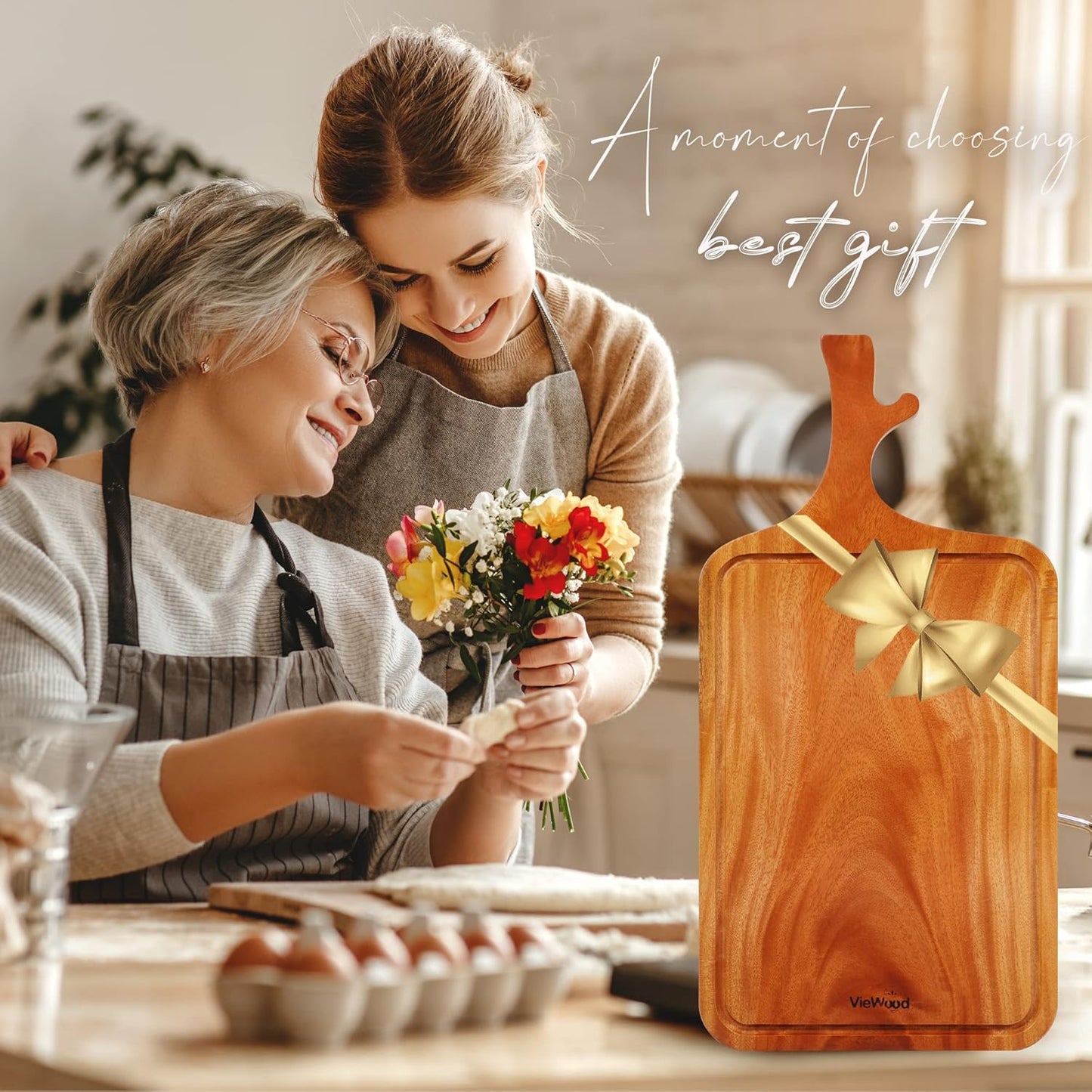 Acacia Wood Cutting Board with Handle, 13x8 Inch Wooden Board for Kitchen, Serving, Charcuterie and Cheese, Juice Groove, Knife Friendly