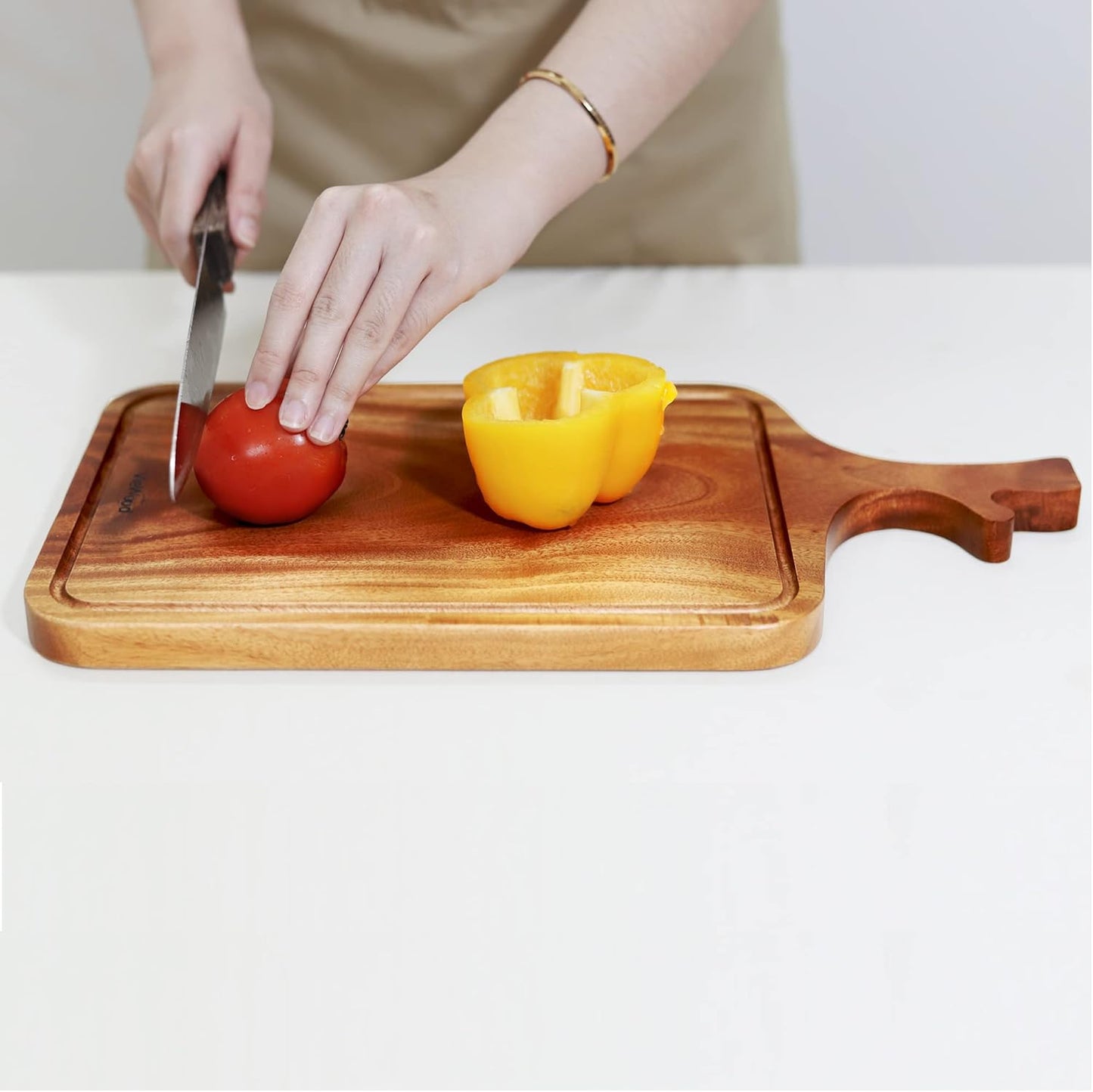 Acacia Wood Cutting Board with Handle, 13x8 Inch Wooden Board for Kitchen, Serving, Charcuterie and Cheese, Juice Groove, Knife Friendly