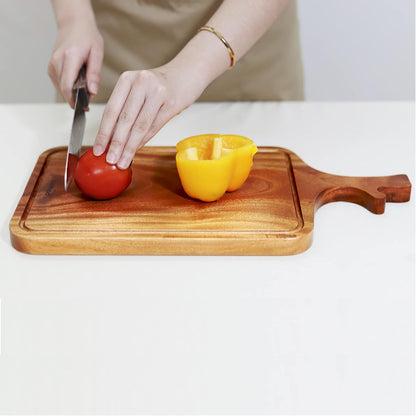 Acacia Wood Cutting Board with Handle, 13x8 Inch Wooden Board for Kitchen, Serving, Charcuterie and Cheese, Juice Groove, Knife Friendly