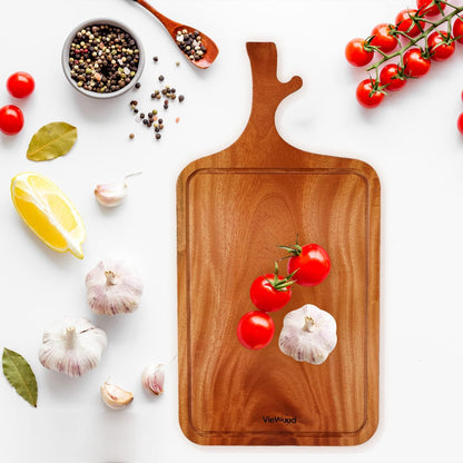Acacia Wood Cutting Board with Handle, 13x8 Inch Wooden Board for Kitchen, Serving, Charcuterie and Cheese, Juice Groove, Knife Friendly