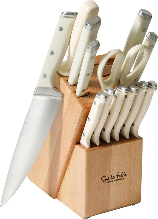 Kitchen Essentials Knife Set with Block, 14-Piece Forged German Steel Kitchen Knives, Beech Wood Block, Chef, Santoku, Bread & Steak Knives, Shears & Sharpener – Linen White