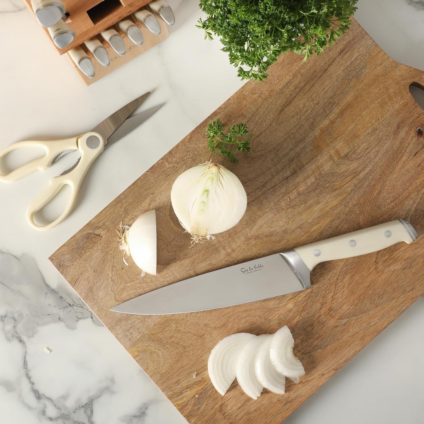 Kitchen Essentials Knife Set with Block, 14-Piece Forged German Steel Kitchen Knives, Beech Wood Block, Chef, Santoku, Bread & Steak Knives, Shears & Sharpener – Linen White