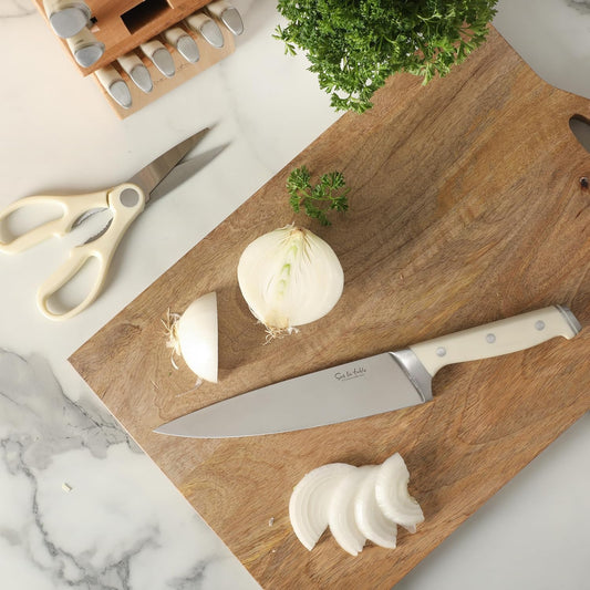 Kitchen Essentials Knife Set with Block, 14-Piece Forged German Steel Kitchen Knives, Beech Wood Block, Chef, Santoku, Bread & Steak Knives, Shears & Sharpener – Linen White