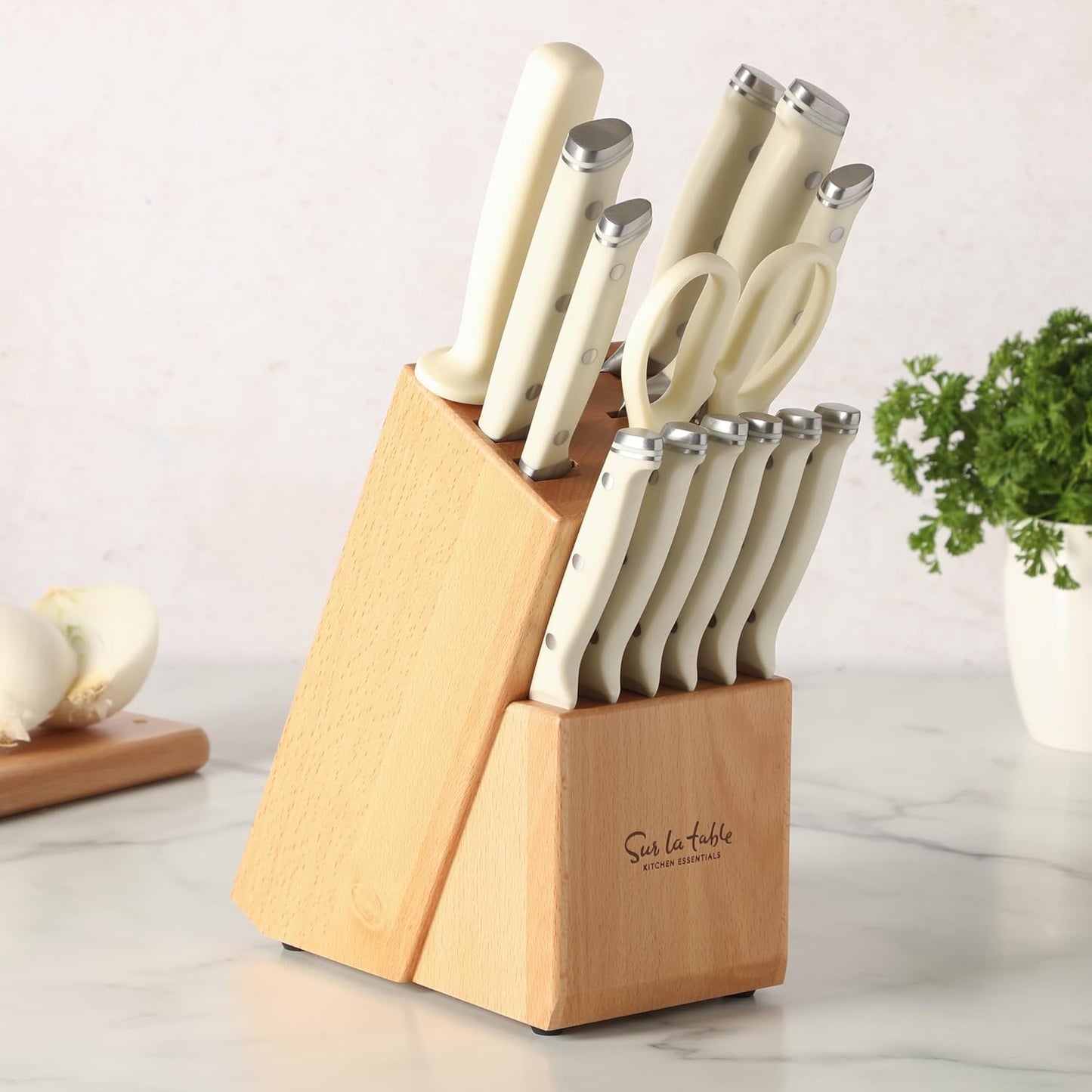 Kitchen Essentials Knife Set with Block, 14-Piece Forged German Steel Kitchen Knives, Beech Wood Block, Chef, Santoku, Bread & Steak Knives, Shears & Sharpener – Linen White