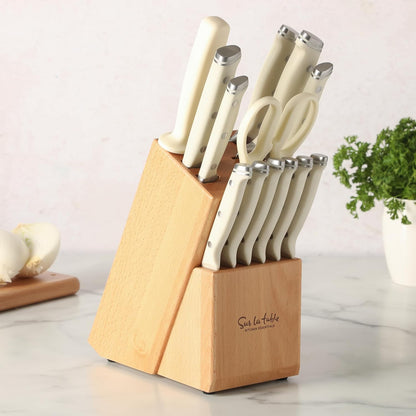 Kitchen Essentials Knife Set with Block, 14-Piece Forged German Steel Kitchen Knives, Beech Wood Block, Chef, Santoku, Bread & Steak Knives, Shears & Sharpener – Linen White