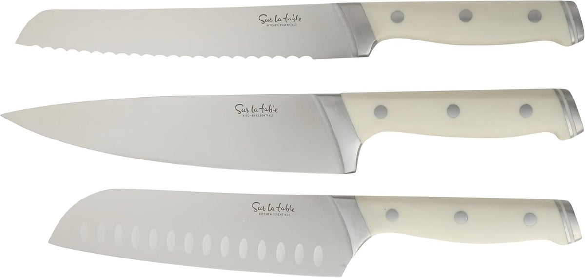 Kitchen Essentials Knife Set with Block, 14-Piece Forged German Steel Kitchen Knives, Beech Wood Block, Chef, Santoku, Bread & Steak Knives, Shears & Sharpener – Linen White