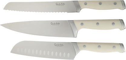 Kitchen Essentials Knife Set with Block, 14-Piece Forged German Steel Kitchen Knives, Beech Wood Block, Chef, Santoku, Bread & Steak Knives, Shears & Sharpener – Linen White