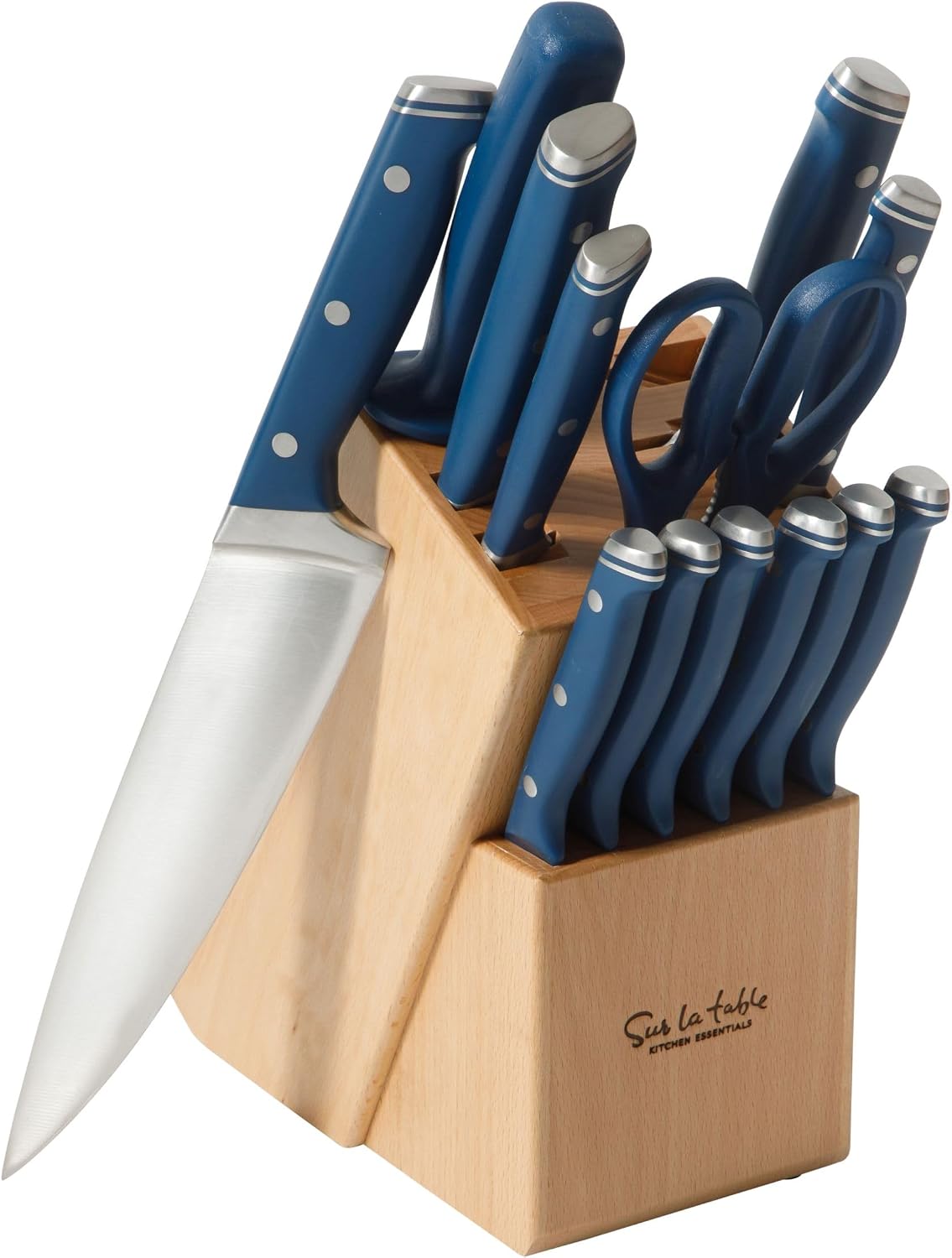 Kitchen Essentials Knife Set with Block, 14-Piece Forged German Steel Kitchen Knives, Beech Wood Block, Chef, Santoku, Bread & Steak Knives, Shears & Sharpener – Linen White
