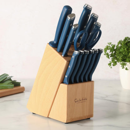 Kitchen Essentials Knife Set with Block, 14-Piece Forged German Steel Kitchen Knives, Beech Wood Block, Chef, Santoku, Bread & Steak Knives, Shears & Sharpener – Linen White