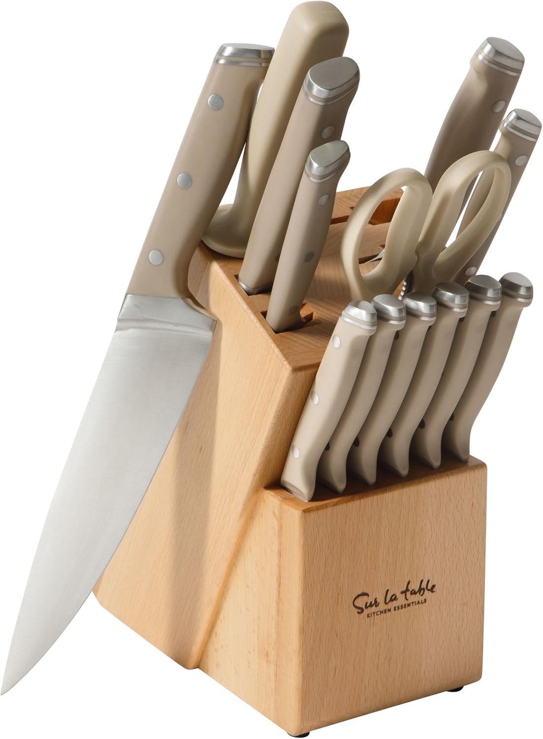 Kitchen Essentials Knife Set with Block, 14-Piece Forged German Steel Kitchen Knives, Beech Wood Block, Chef, Santoku, Bread & Steak Knives, Shears & Sharpener – Linen White