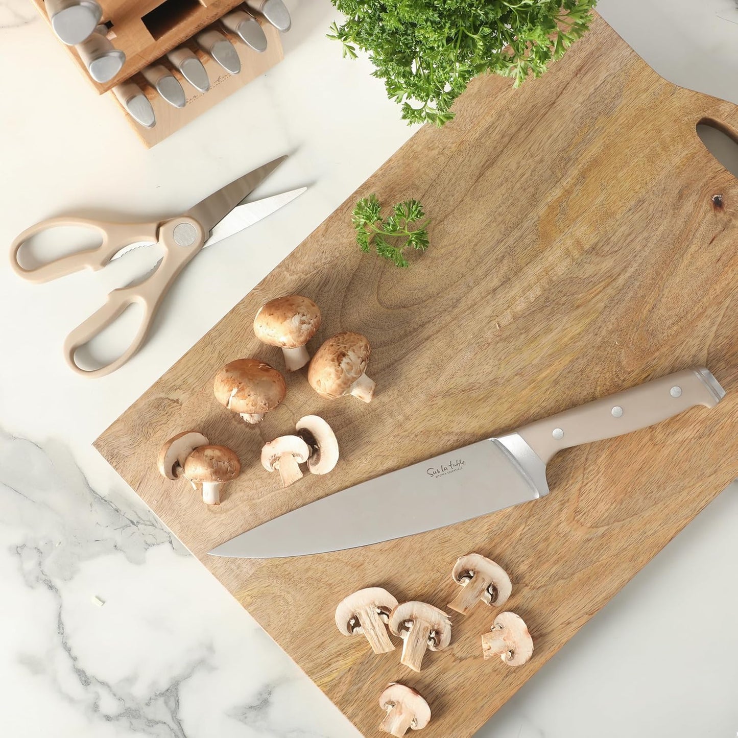 Kitchen Essentials Knife Set with Block, 14-Piece Forged German Steel Kitchen Knives, Beech Wood Block, Chef, Santoku, Bread & Steak Knives, Shears & Sharpener – Linen White