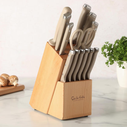 Kitchen Essentials Knife Set with Block, 14-Piece Forged German Steel Kitchen Knives, Beech Wood Block, Chef, Santoku, Bread & Steak Knives, Shears & Sharpener – Linen White
