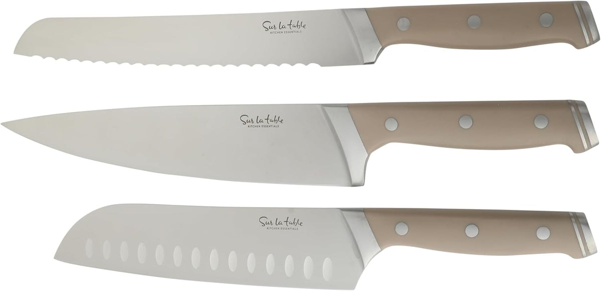 Kitchen Essentials Knife Set with Block, 14-Piece Forged German Steel Kitchen Knives, Beech Wood Block, Chef, Santoku, Bread & Steak Knives, Shears & Sharpener – Linen White