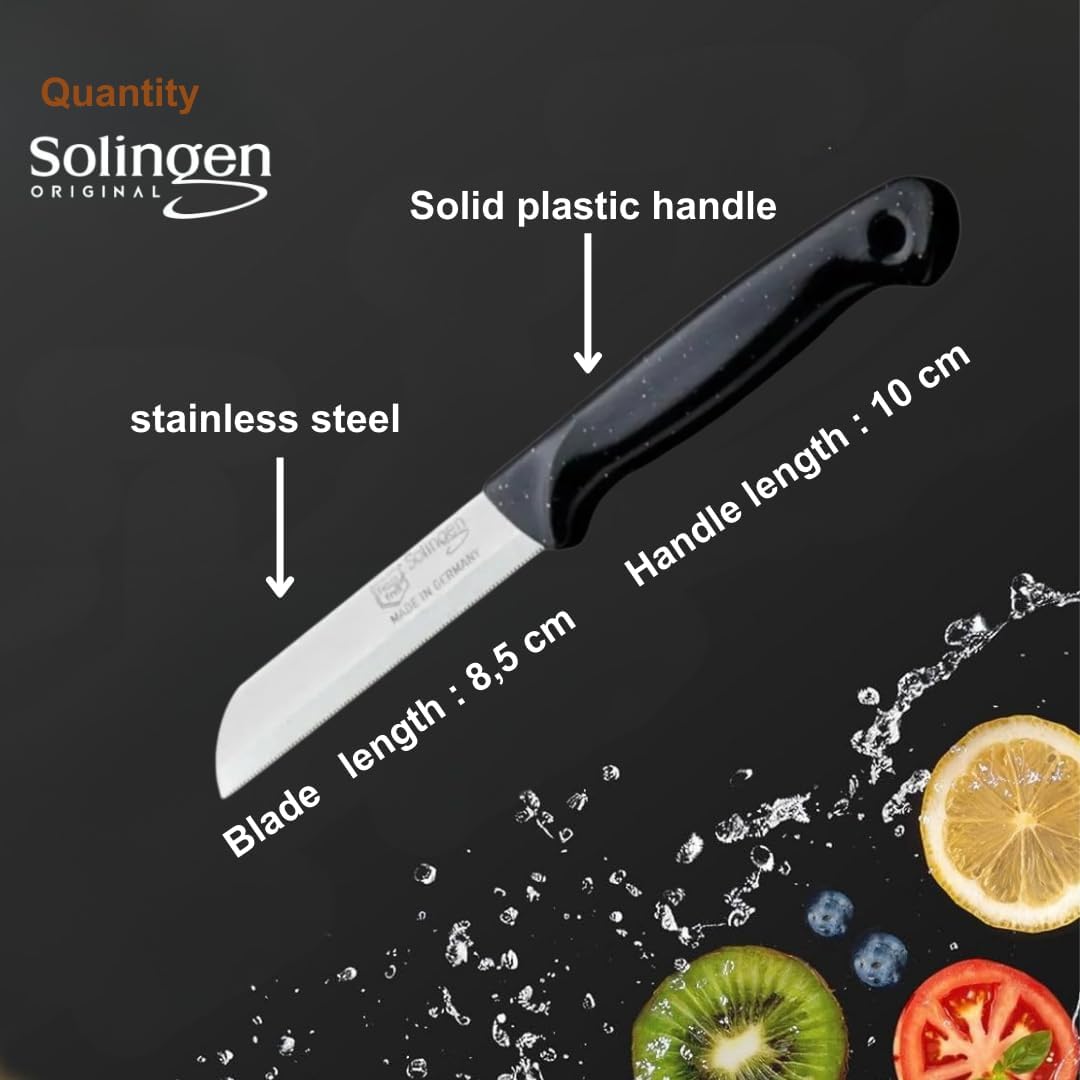 Paring Knife Serrated Stainless Steel Small Fruit and Vegetable Kitchen Knives – Sharp German Solingen Blades, Black Color Handles, Ideal for Peeling, Cutting & Cooking