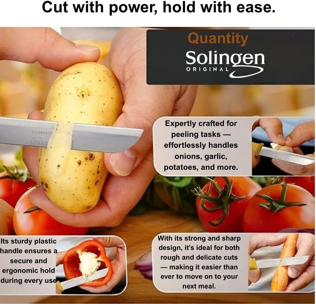 Paring Knife Serrated Stainless Steel Small Fruit and Vegetable Kitchen Knives – Sharp German Solingen Blades, Black Color Handles, Ideal for Peeling, Cutting & Cooking