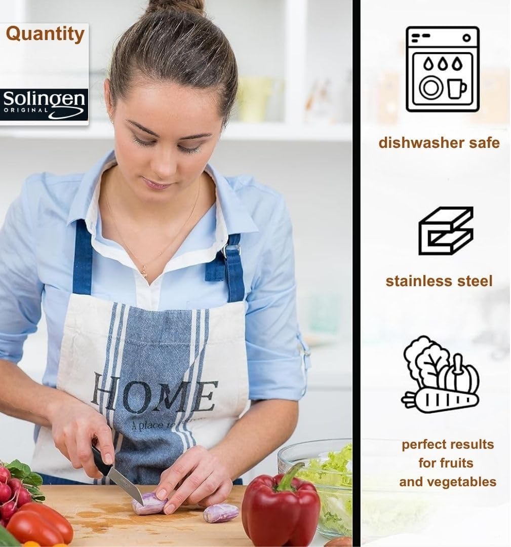 Paring Knife Serrated Stainless Steel Small Fruit and Vegetable Kitchen Knives – Sharp German Solingen Blades, Black Color Handles, Ideal for Peeling, Cutting & Cooking