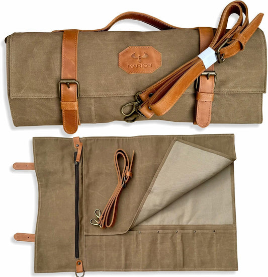 Le Voyageur Sand by Marion - Waxed Canvas with Genuine Calf Top Grain Leather - Handmade Professional Chef Knife Storage Roll Bag - 8 Pockets and Zippered Pocket, Sand