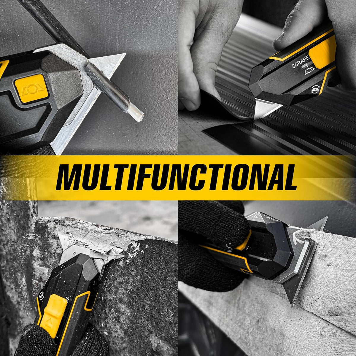 Scraper Utility Knife 4-in-1 Heavy Duty – Retractable Box Cutter, Folding Knife & Scraper Knife – SK5 Carbon Steel Trapezoidal Blades – Carpet & Drywall Cutter with 5 Extra Blades