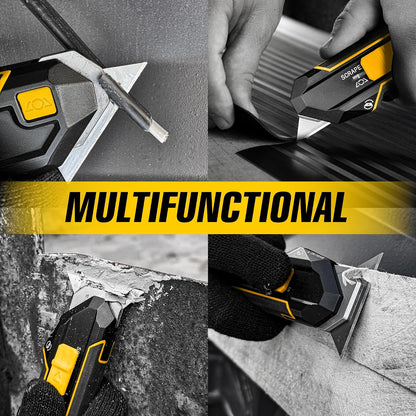 Scraper Utility Knife 4-in-1 Heavy Duty – Retractable Box Cutter, Folding Knife & Scraper Knife – SK5 Carbon Steel Trapezoidal Blades – Carpet & Drywall Cutter with 5 Extra Blades