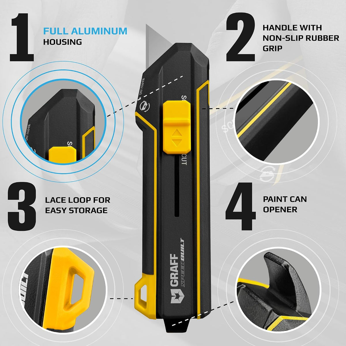 Scraper Utility Knife 4-in-1 Heavy Duty – Retractable Box Cutter, Folding Knife & Scraper Knife – SK5 Carbon Steel Trapezoidal Blades – Carpet & Drywall Cutter with 5 Extra Blades