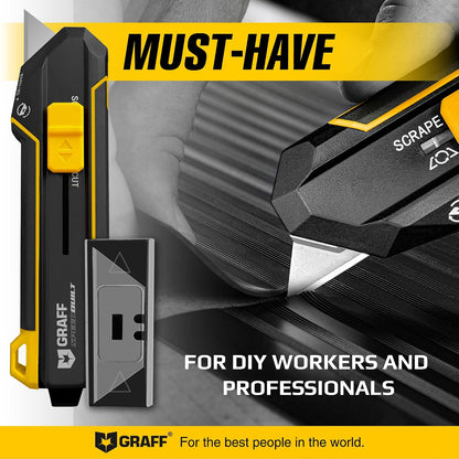 Scraper Utility Knife 4-in-1 Heavy Duty – Retractable Box Cutter, Folding Knife & Scraper Knife – SK5 Carbon Steel Trapezoidal Blades – Carpet & Drywall Cutter with 5 Extra Blades