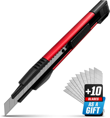 Scraper Utility Knife 4-in-1 Heavy Duty – Retractable Box Cutter, Folding Knife & Scraper Knife – SK5 Carbon Steel Trapezoidal Blades – Carpet & Drywall Cutter with 5 Extra Blades