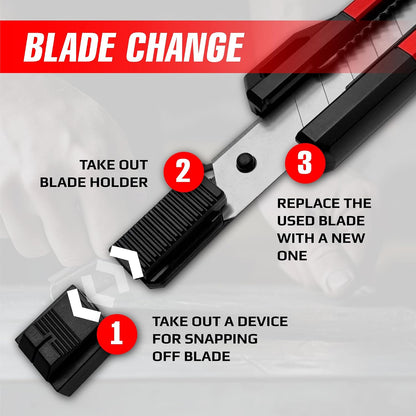 Scraper Utility Knife 4-in-1 Heavy Duty – Retractable Box Cutter, Folding Knife & Scraper Knife – SK5 Carbon Steel Trapezoidal Blades – Carpet & Drywall Cutter with 5 Extra Blades
