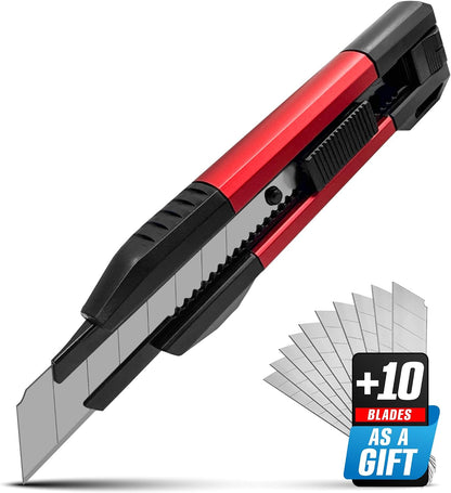 Scraper Utility Knife 4-in-1 Heavy Duty – Retractable Box Cutter, Folding Knife & Scraper Knife – SK5 Carbon Steel Trapezoidal Blades – Carpet & Drywall Cutter with 5 Extra Blades