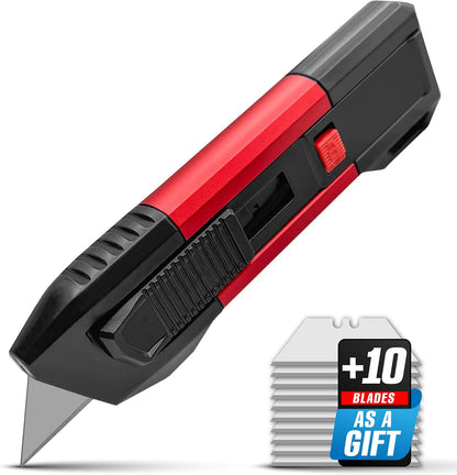 Scraper Utility Knife 4-in-1 Heavy Duty – Retractable Box Cutter, Folding Knife & Scraper Knife – SK5 Carbon Steel Trapezoidal Blades – Carpet & Drywall Cutter with 5 Extra Blades