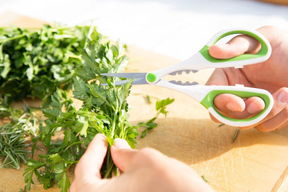 Heavy Duty Home & Kitchen Herb Shears Scissors with Innovative Stem Stripper, Versatile Kitchen Shears for Trimming Weeds, Flower Buds & More - White/Green - 8.5 x 4.2 x 0.4 inches