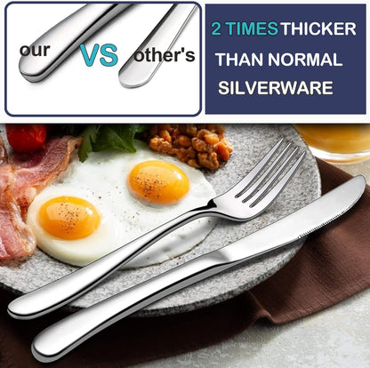 48-Piece Heavy Duty Silverware Set with Steak Knife for 8, Stainless Steel Flatware Set, Fancy Thick Cutlery Eating Utensils Include Forks Knives Spoons, Mirror Finished, Dishwasher Safe