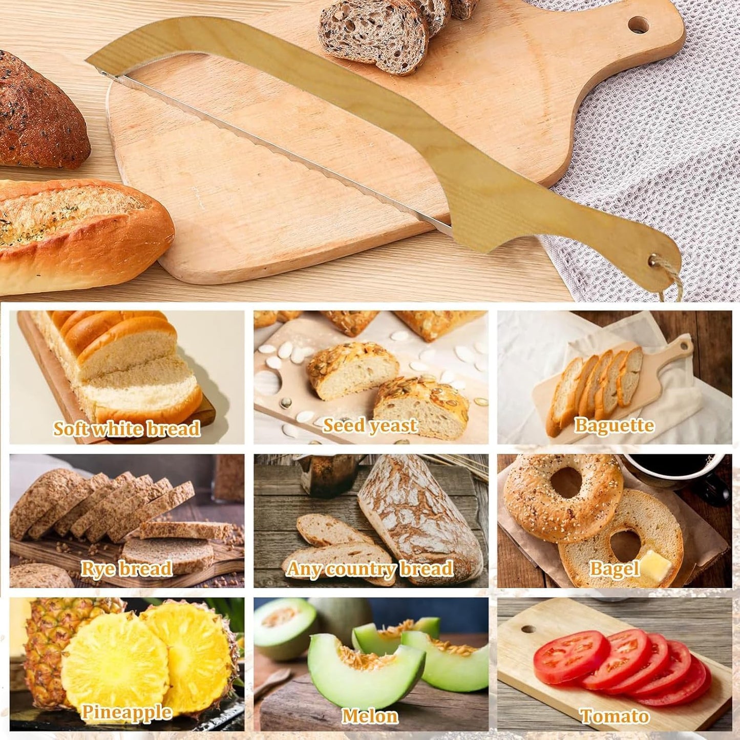 Serrated Bread Knife with Bamboo Handle, 15.7" Sharp Stainless Steel Blade for Thin Slicing of Bread and Fruits, Easy Cutter for Even Slices