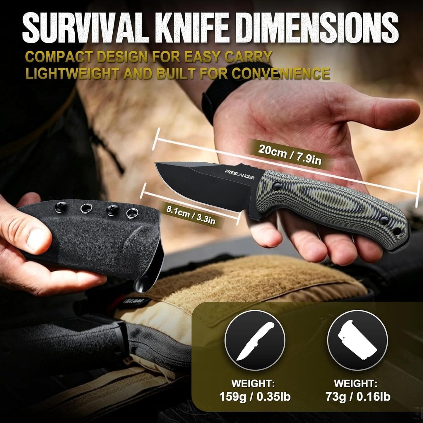 Fixed Blade Knife with Kydex Sheath, D2 Steel Survival Knife | Full Tang EDC Outdoor Camping Knife with G10 Handle, 3.15 inch Compact Bushcraft Hunting Knife for Men, Gray Green
