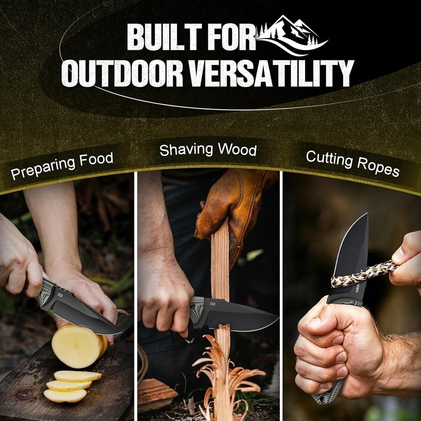 Fixed Blade Knife with Kydex Sheath, D2 Steel Survival Knife | Full Tang EDC Outdoor Camping Knife with G10 Handle, 3.15 inch Compact Bushcraft Hunting Knife for Men, Gray Green