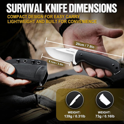 Fixed Blade Knife with Kydex Sheath, D2 Steel Survival Knife | Full Tang EDC Outdoor Camping Knife with G10 Handle, 3.15 inch Compact Bushcraft Hunting Knife for Men, Gray Green