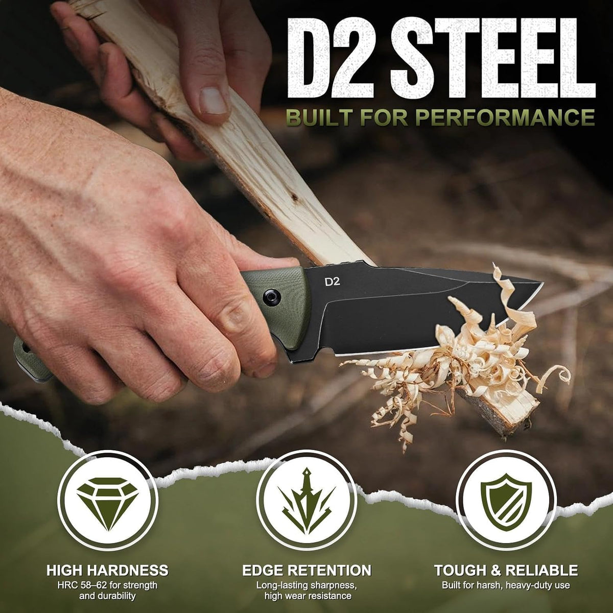 Fixed Blade Knife with Kydex Sheath, D2 Steel Survival Knife | Full Tang EDC Outdoor Camping Knife with G10 Handle, 3.15 inch Compact Bushcraft Hunting Knife for Men, Gray Green
