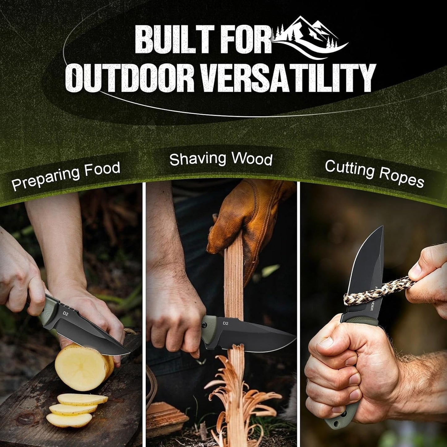 Fixed Blade Knife with Kydex Sheath, D2 Steel Survival Knife | Full Tang EDC Outdoor Camping Knife with G10 Handle, 3.15 inch Compact Bushcraft Hunting Knife for Men, Gray Green