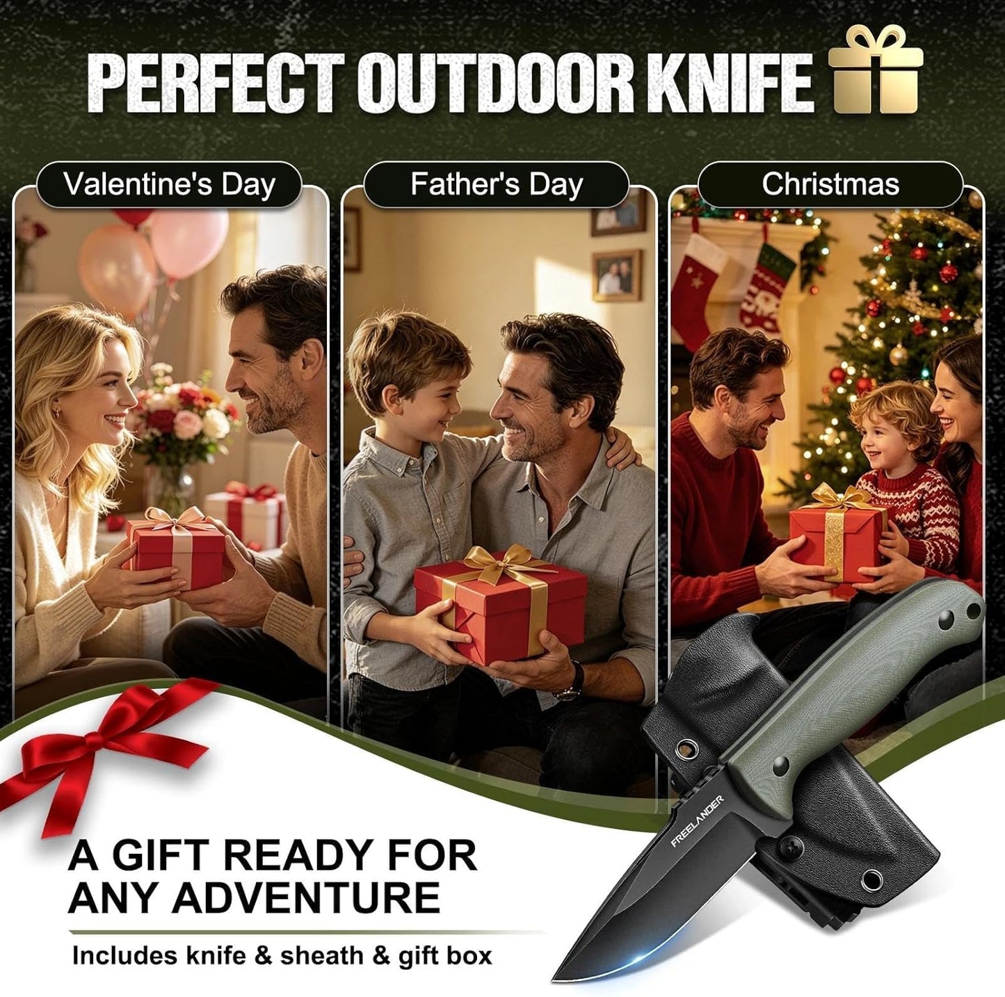 Fixed Blade Knife with Kydex Sheath, D2 Steel Survival Knife | Full Tang EDC Outdoor Camping Knife with G10 Handle, 3.15 inch Compact Bushcraft Hunting Knife for Men, Gray Green