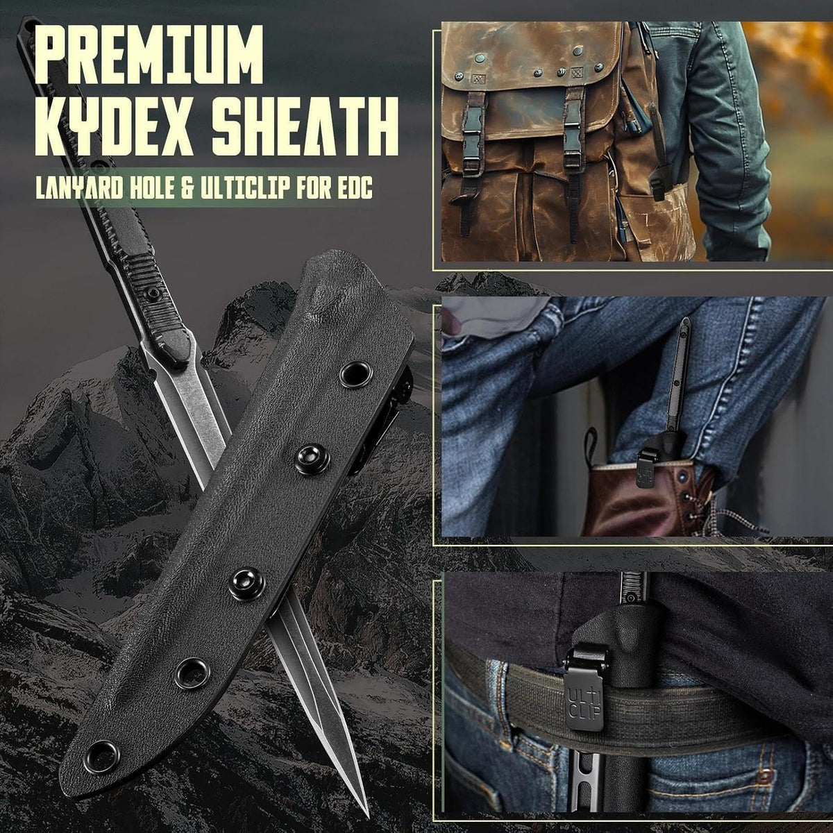 Fixed Blade Knife with Kydex Sheath, D2 Steel Survival Knife | Full Tang EDC Outdoor Camping Knife with G10 Handle, 3.15 inch Compact Bushcraft Hunting Knife for Men, Gray Green