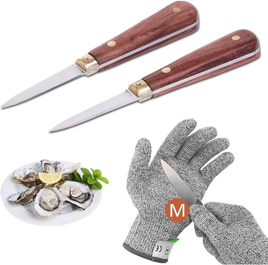 Oyster Shucking Knife Set, 2 Rosewood Knives & Gloves (M) | 2 Stainless Steel Shuckers, Anti-Slip Grip, Level 5 Cut-Resistant Gloves, for Oysters, Clams & Seafood