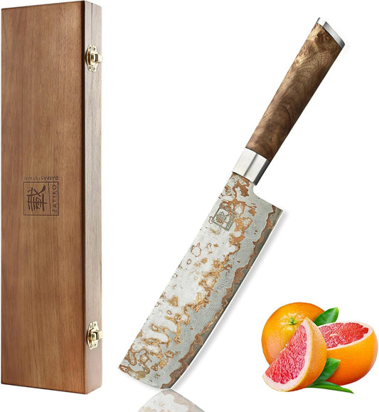 Damascus Nakiri Knife 6.7 Inch, VG10 Core Vegetable Knife for Chopping, Slicing & Dicing, 67-Layer Copper Damascus Steel, Maple Root Wood Handle, Wooden Gift Box